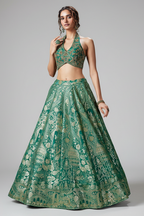 Green Banarasi Brocade Silk Zari Woven Lehenga with Zardosi Work Halter Neck Blouse - green silk saree zari