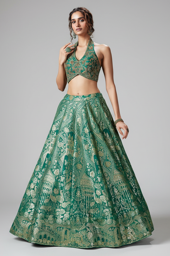 Green Banarasi Brocade Silk Zari Woven Lehenga with Zardosi Work Halter Neck Blouse - green silk saree zari