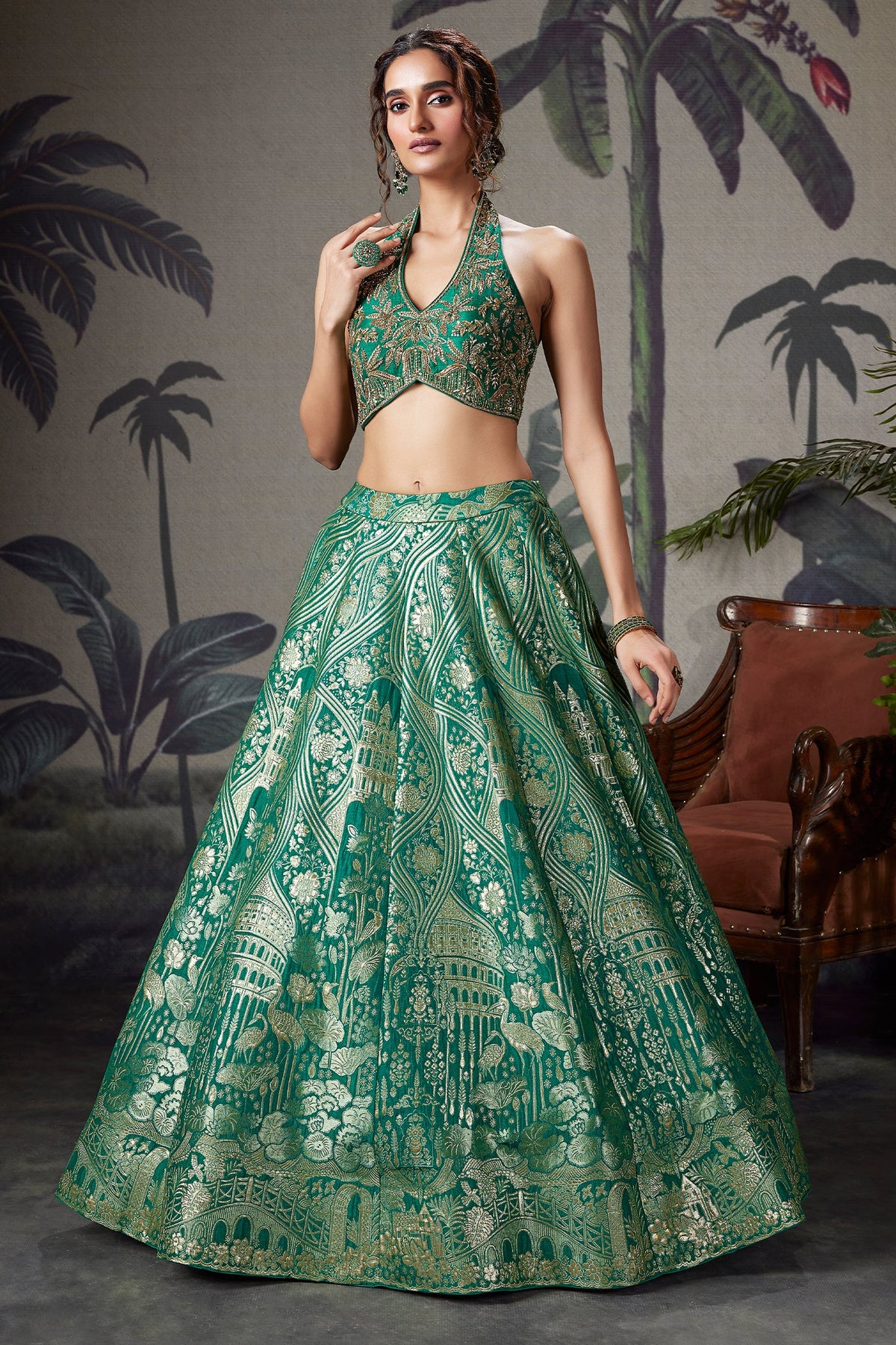 Green Banarasi Brocade Silk Zari Woven Lehenga with Zardosi Work Halter Neck Blouse