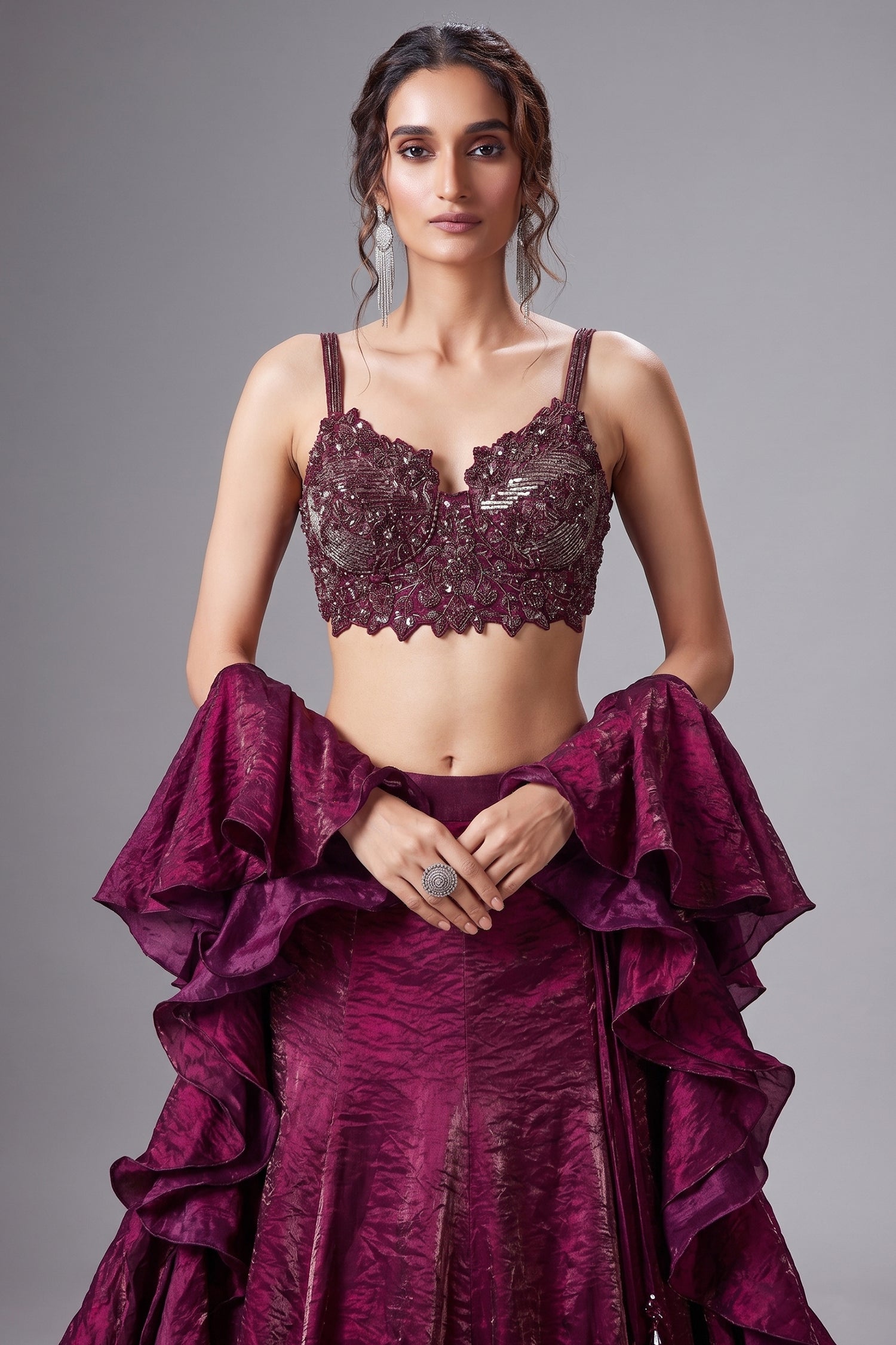 Plum Purple Crush Tissue Silk Mermaid Lehenga with Handworked Corset Blouse - purple silk saree