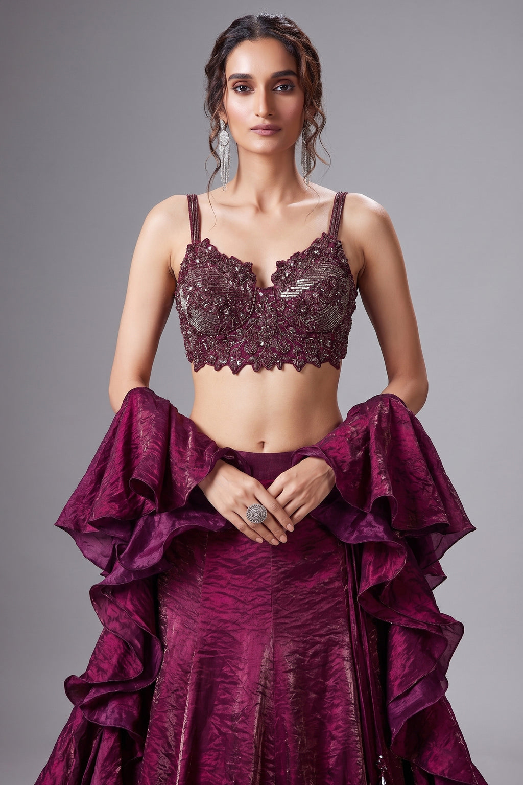 Plum Purple Crush Tissue Silk Mermaid Lehenga with Handworked Corset Blouse - purple silk saree