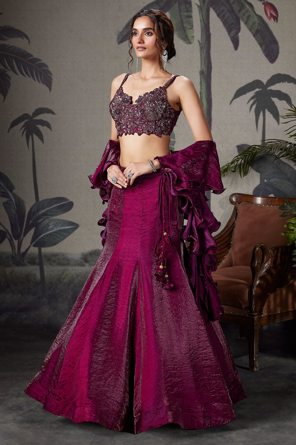 Plum Purple Crush Tissue Silk Mermaid Lehenga with Handworked Corset Blouse - purple silk saree