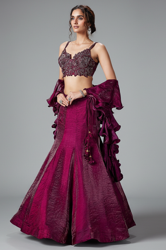Plum Purple Crush Tissue Silk Mermaid Lehenga with Handworked Corset Blouse - purple silk saree Main image