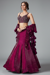 Plum Purple Crush Tissue Silk Mermaid Lehenga with Handworked Corset Blouse