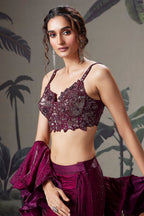 Plum Purple Crush Tissue Silk Mermaid Lehenga with Handworked Corset Blouse - purple silk saree