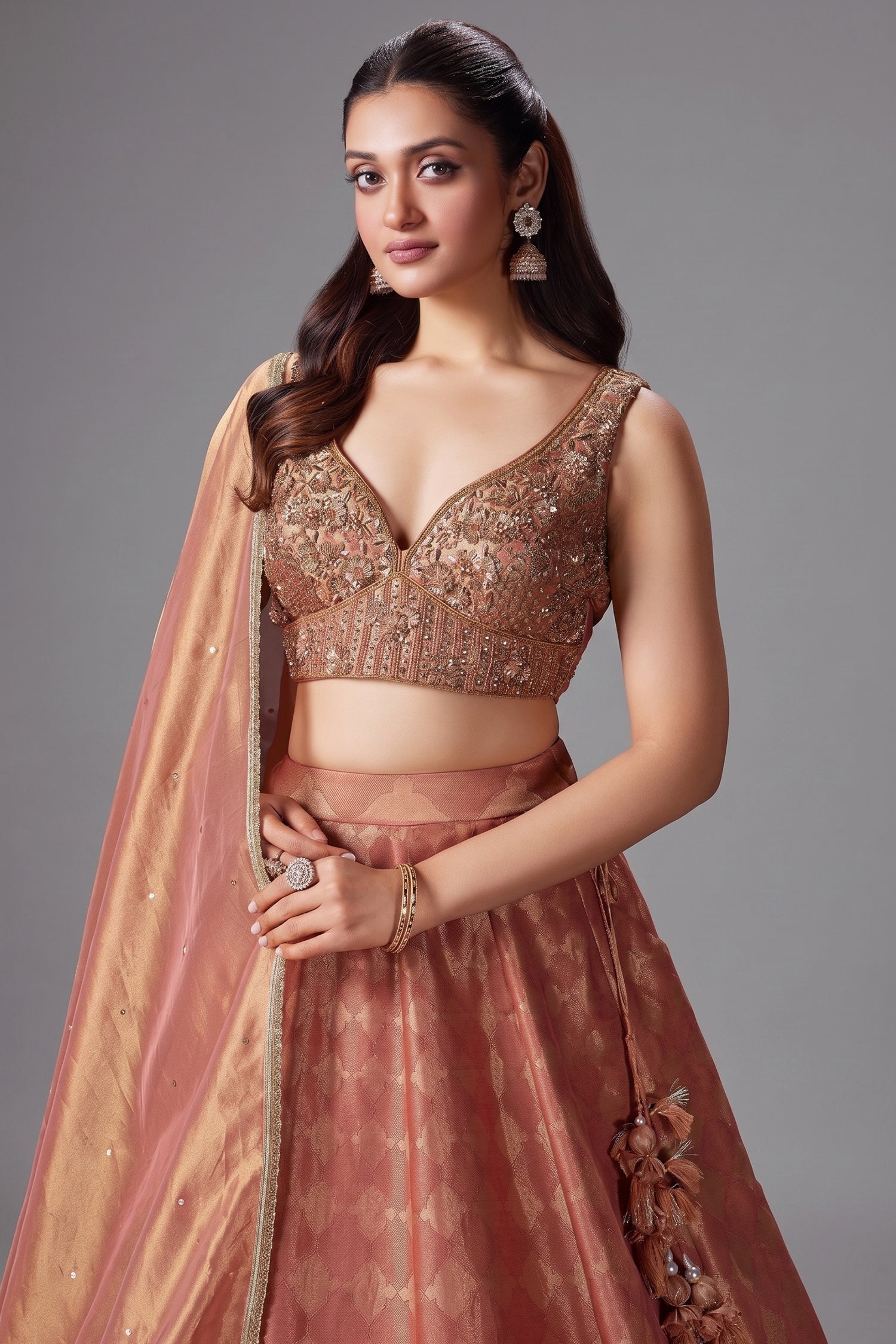 Coral Peach Tissue Zari Woven Lehenga with Handworked Blouse - peach saree zari