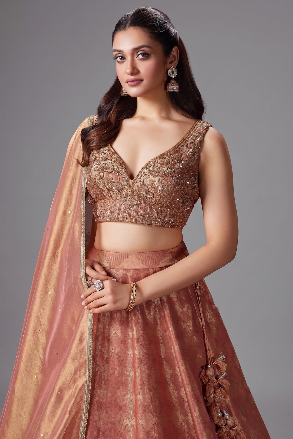 Coral Peach Tissue Zari Woven Lehenga with Handworked Blouse - peach saree zari