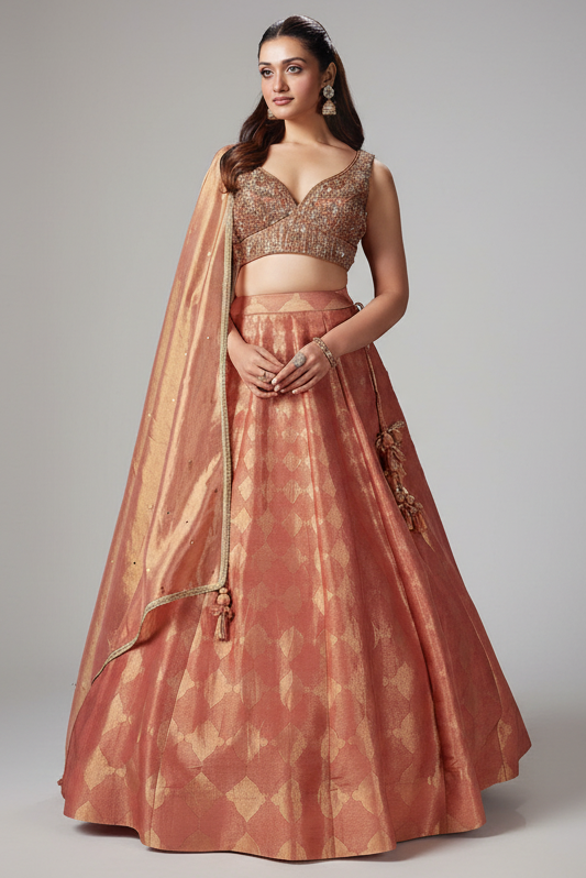 Coral Peach Tissue Zari Woven Lehenga with Handworked Blouse - peach saree zari Main image