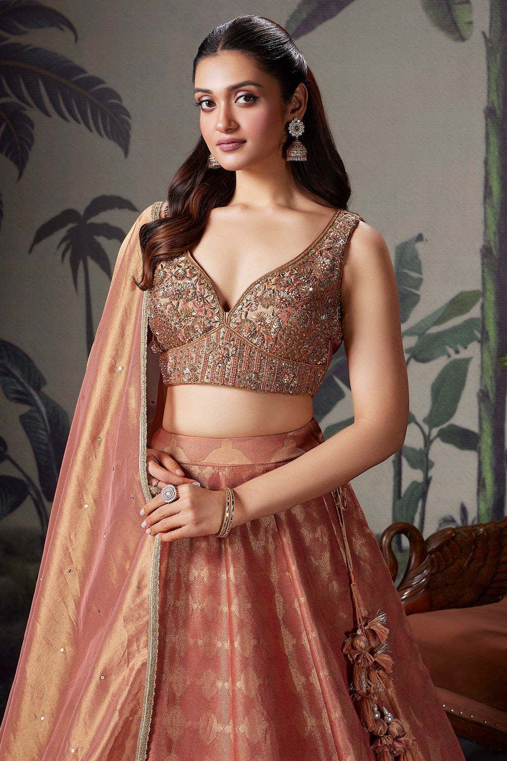 Coral Peach Tissue Zari Woven Lehenga with Handworked Blouse - peach saree zari
