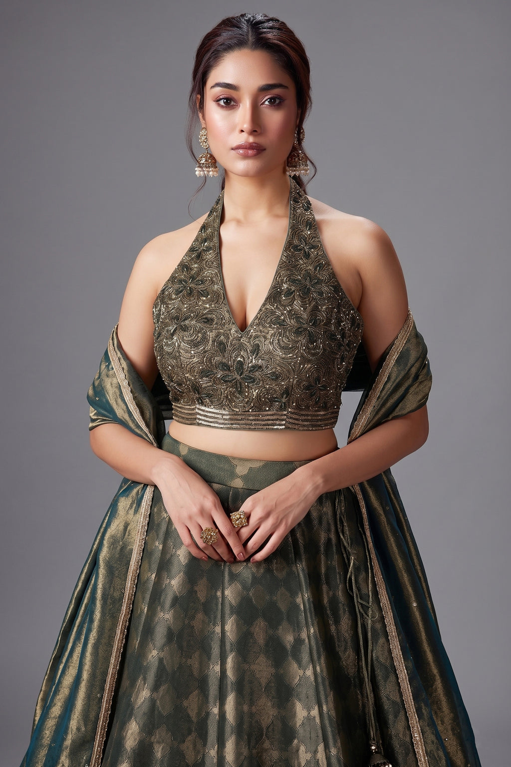 Dark Green Tissue Zari Woven Lehenga with Handworked Halter Neck Blouse - green saree zari