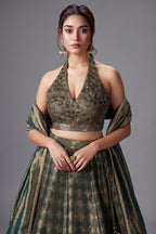 Dark Green Tissue Zari Woven Lehenga with Handworked Halter Neck Blouse - green saree zari
