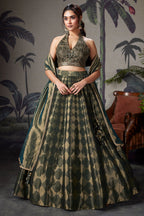 Dark Green Tissue Zari Woven Lehenga with Handworked Halter Neck Blouse - green saree zari