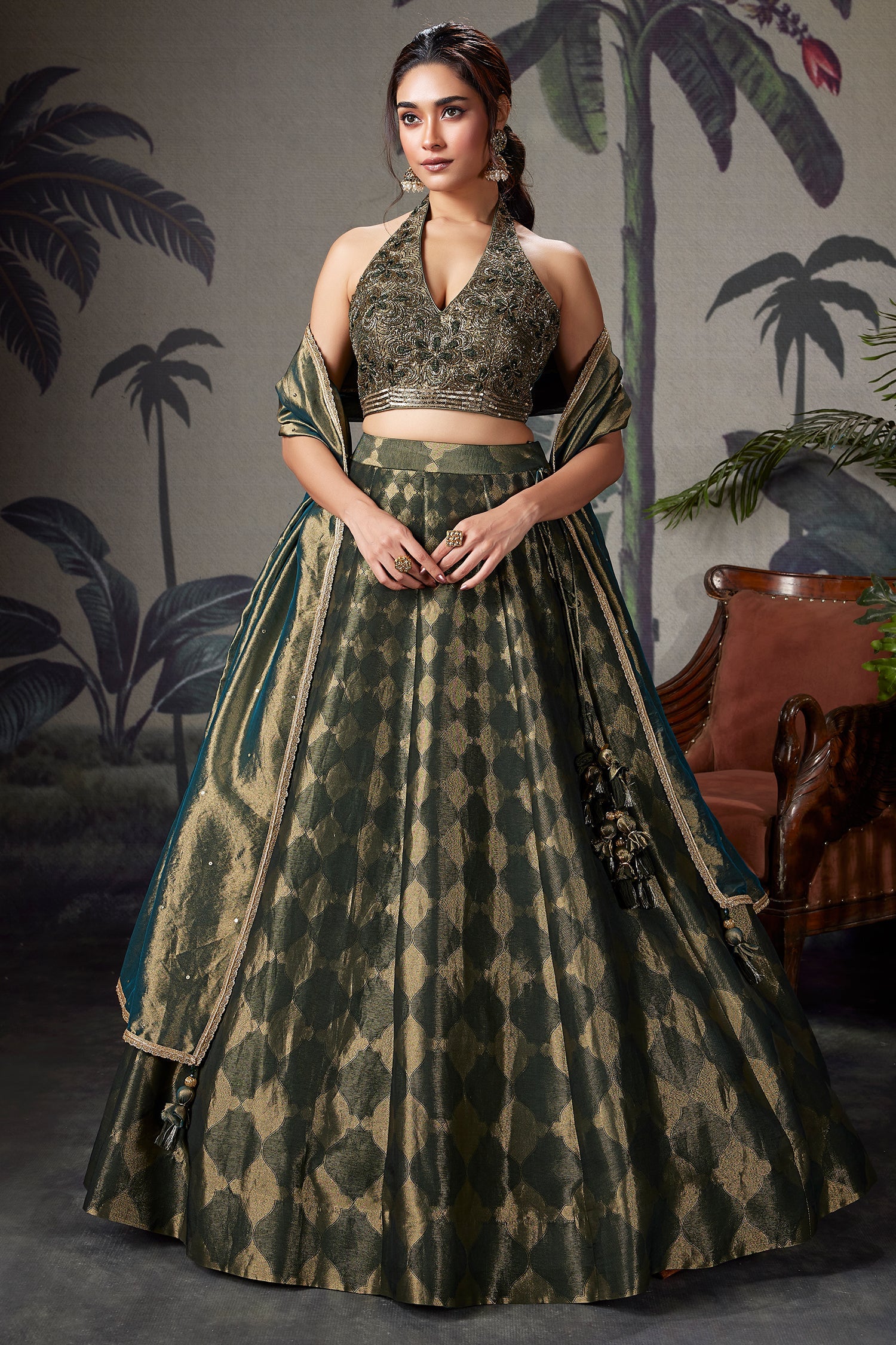 Dark Green Tissue Zari Woven Lehenga with Handworked Halter Neck Blouse - green saree zari
