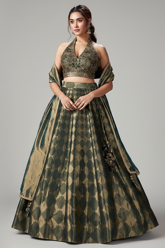 Dark Green Tissue Zari Woven Lehenga with Handworked Halter Neck Blouse - green saree zari