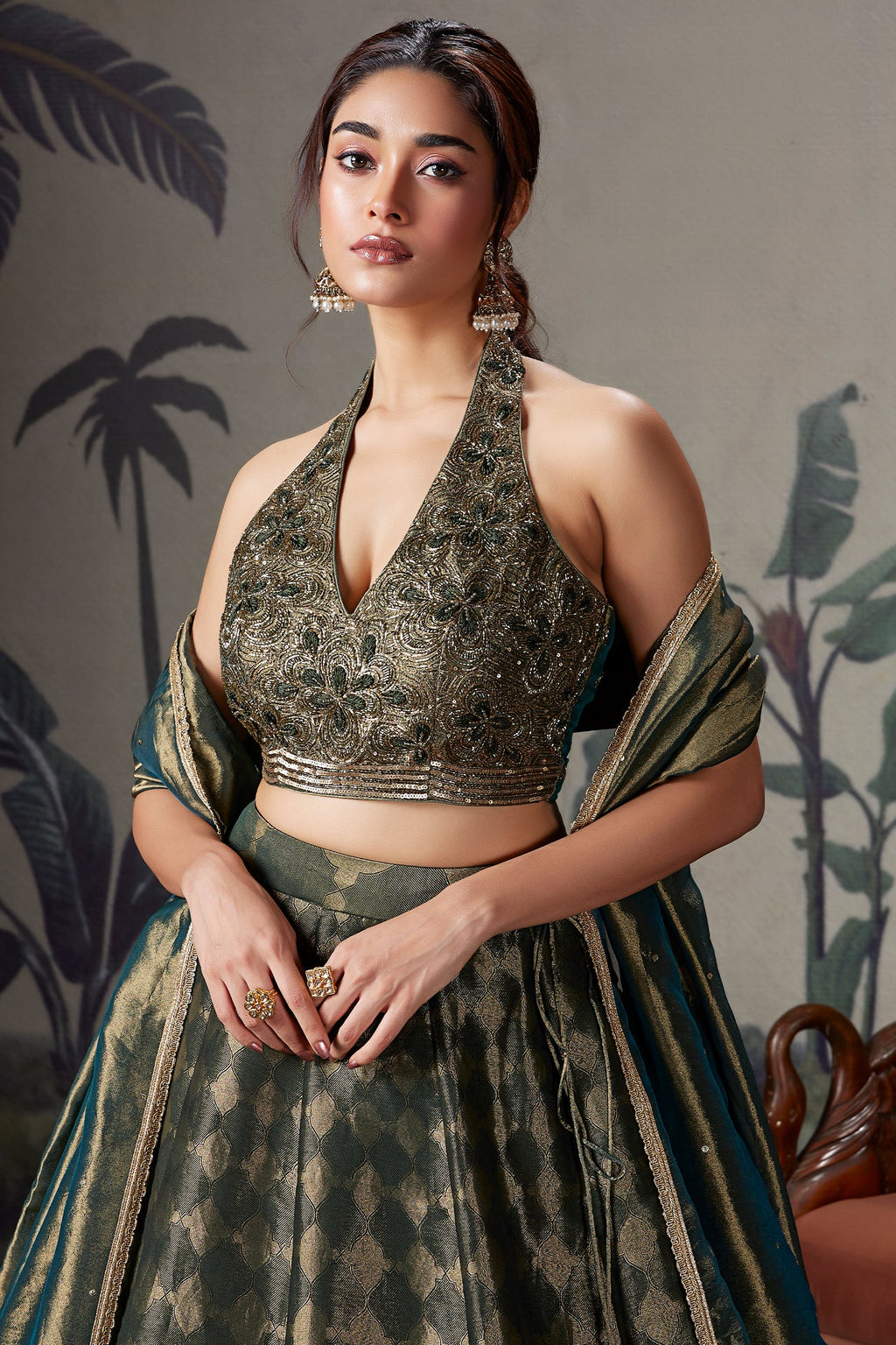 Dark Green Tissue Zari Woven Lehenga with Handworked Halter Neck Blouse - green saree zari