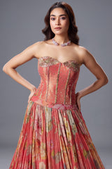 Coral Peach Georgette Floral Printed Flared Lehenga with Handworked Off Shoulder Corset Blouse - red georgette saree