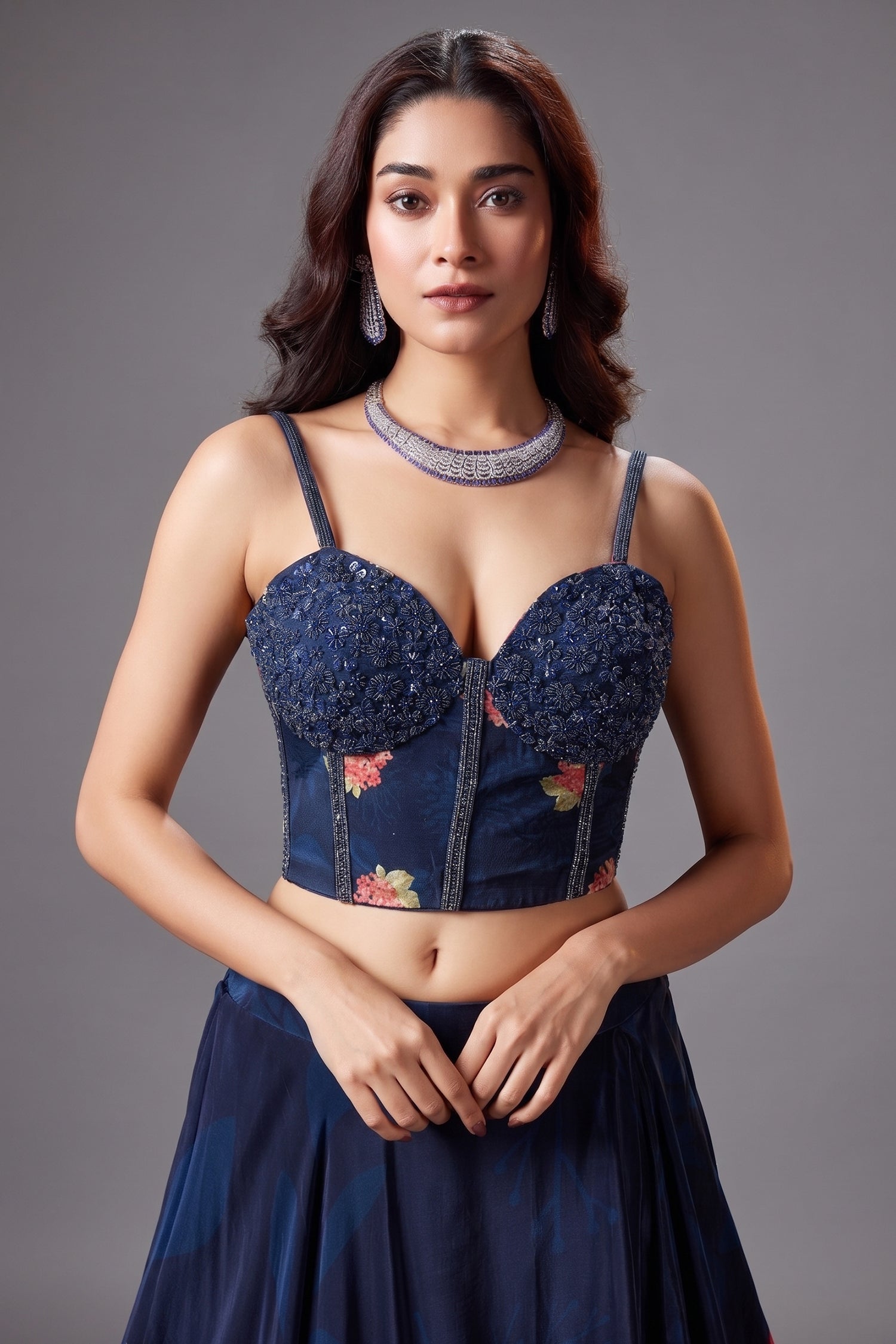 Dark Blue Crepe Silk Floral Printed Lehenga with Cutdana and Sequin Worked Corset - blue silk saree