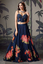 Dark Blue Crepe Silk Floral Printed Lehenga with Cutdana and Sequin Worked Corset - blue silk saree