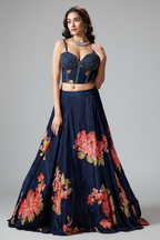 Dark Blue Crepe Silk Floral Printed Lehenga with Cutdana and Sequin Worked Corset - blue silk saree