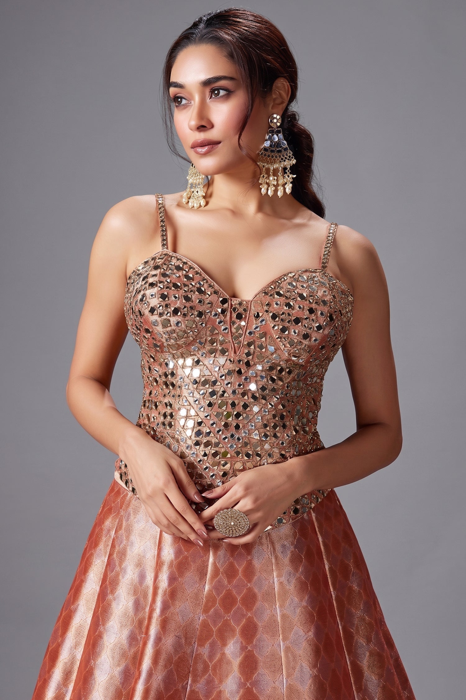 Coral Peach Tissue Silk Zari Woven Lehenga with Mirror Worked Corset Blouse - peach silk saree zari