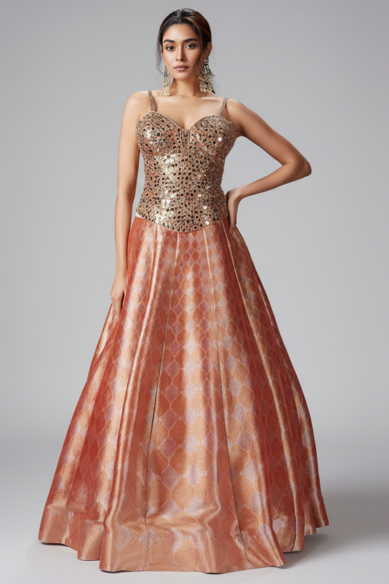 Coral Peach Tissue Silk Zari Woven Lehenga with Mirror Worked Corset Blouse - peach silk saree zari