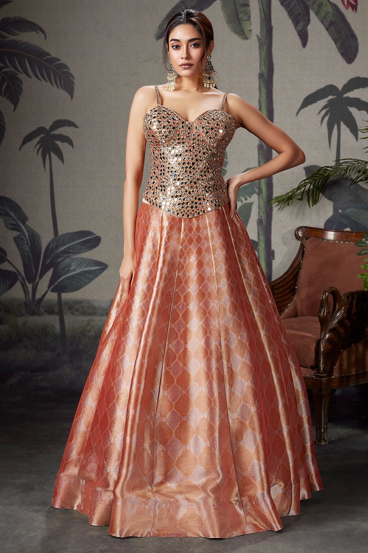 Coral Peach Tissue Silk Zari Woven Lehenga with Mirror Worked Corset Blouse