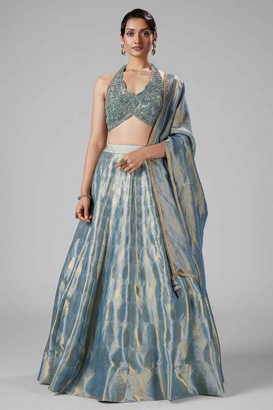 Powder Blue Tissue Silk Zari Woven Lehenga with Handworked Halter Neck Blouse - blue silk saree zari