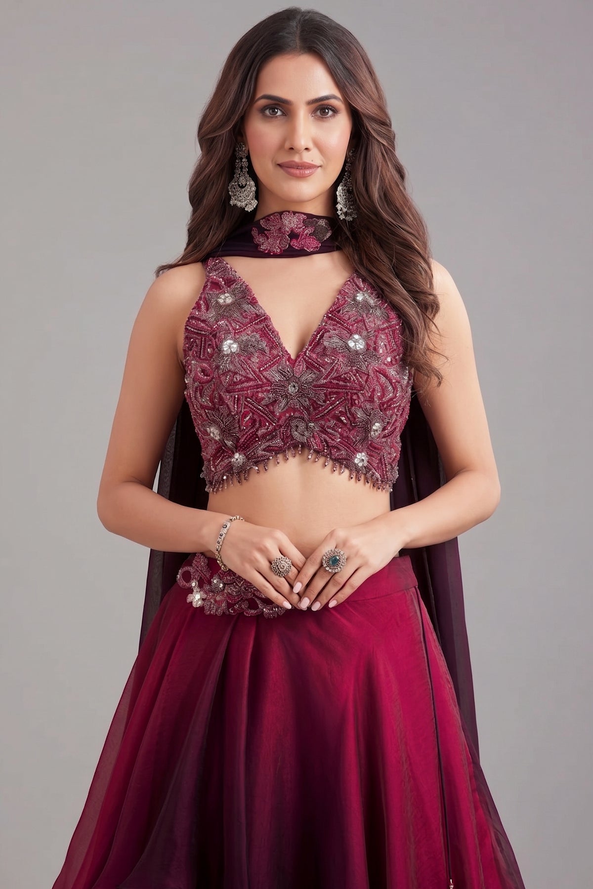 Purple and Magenta Ombre Crepe Silk Layered Lehenga with Sequin Cutdana Work - red silk saree