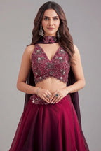 Purple and Magenta Ombre Crepe Silk Layered Lehenga with Sequin Cutdana Work - red silk saree