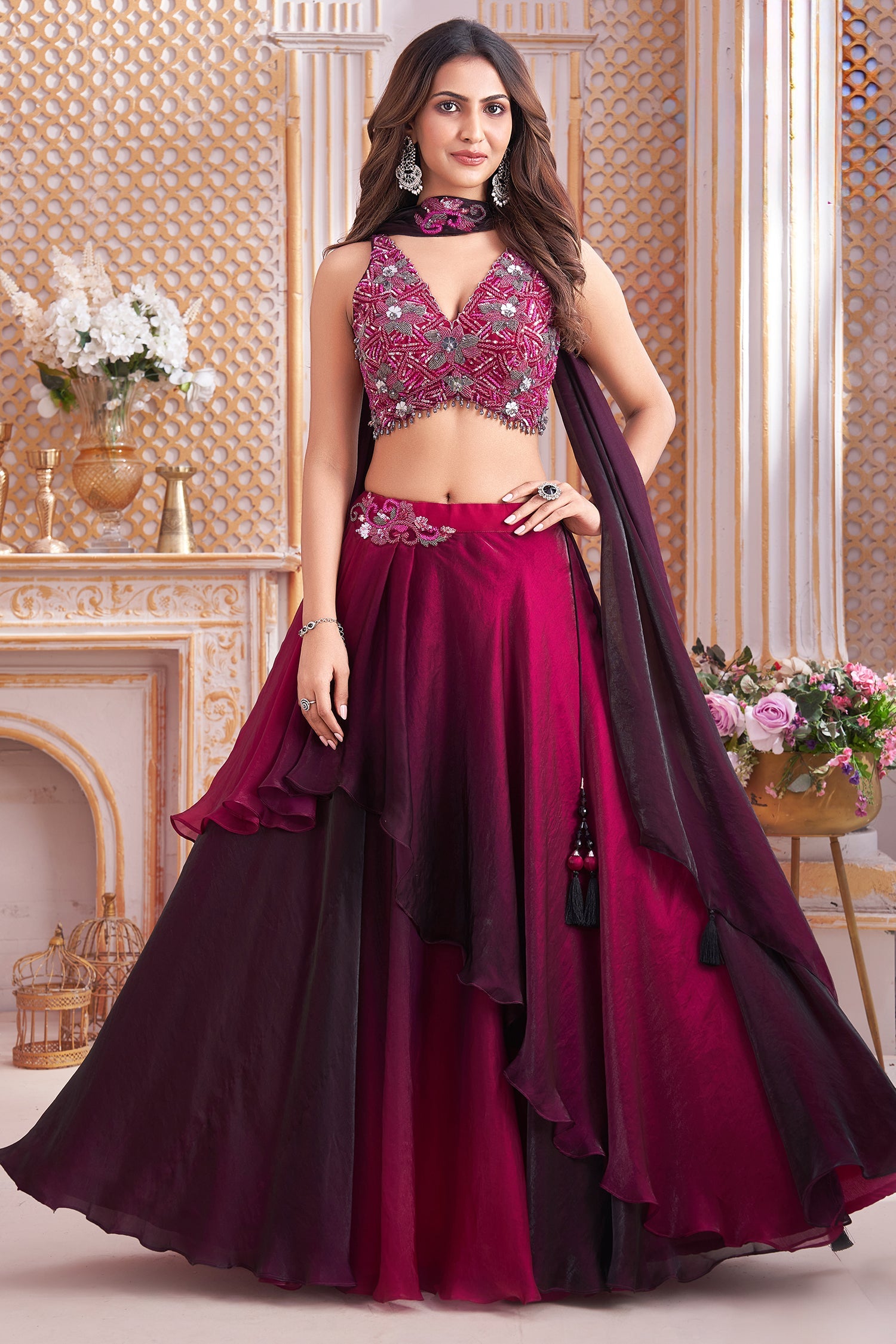 Purple and Magenta Ombre Crepe Silk Layered Lehenga with Sequin Cutdana Work - red silk saree
