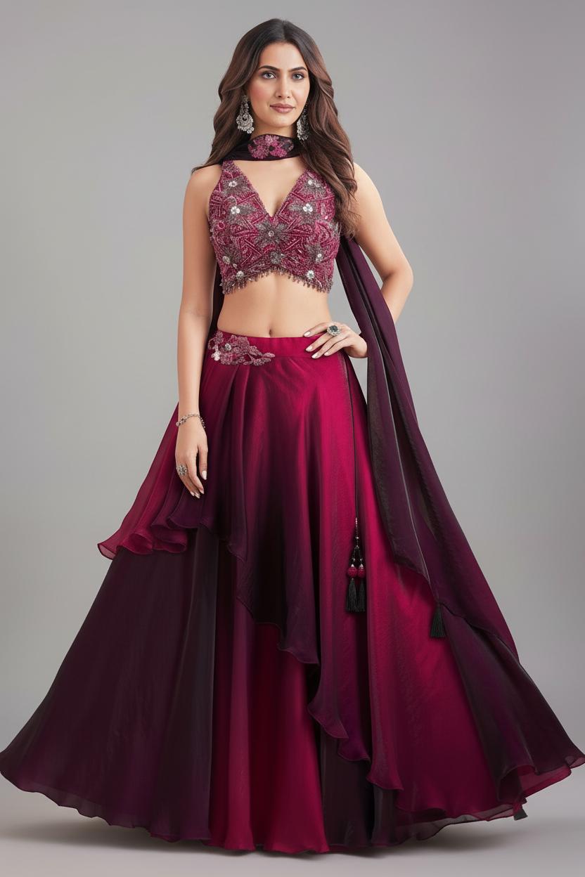 Purple and Magenta Ombre Crepe Silk Layered Lehenga with Sequin Cutdana Work - red silk saree Main image