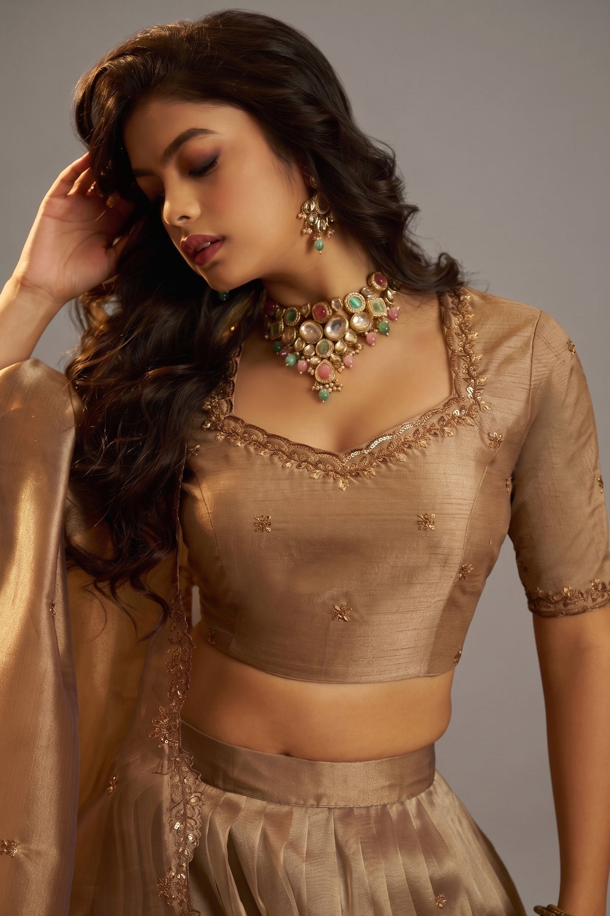 Champagne Taupe Organza Lehenga with Sequins Border - organza saree
