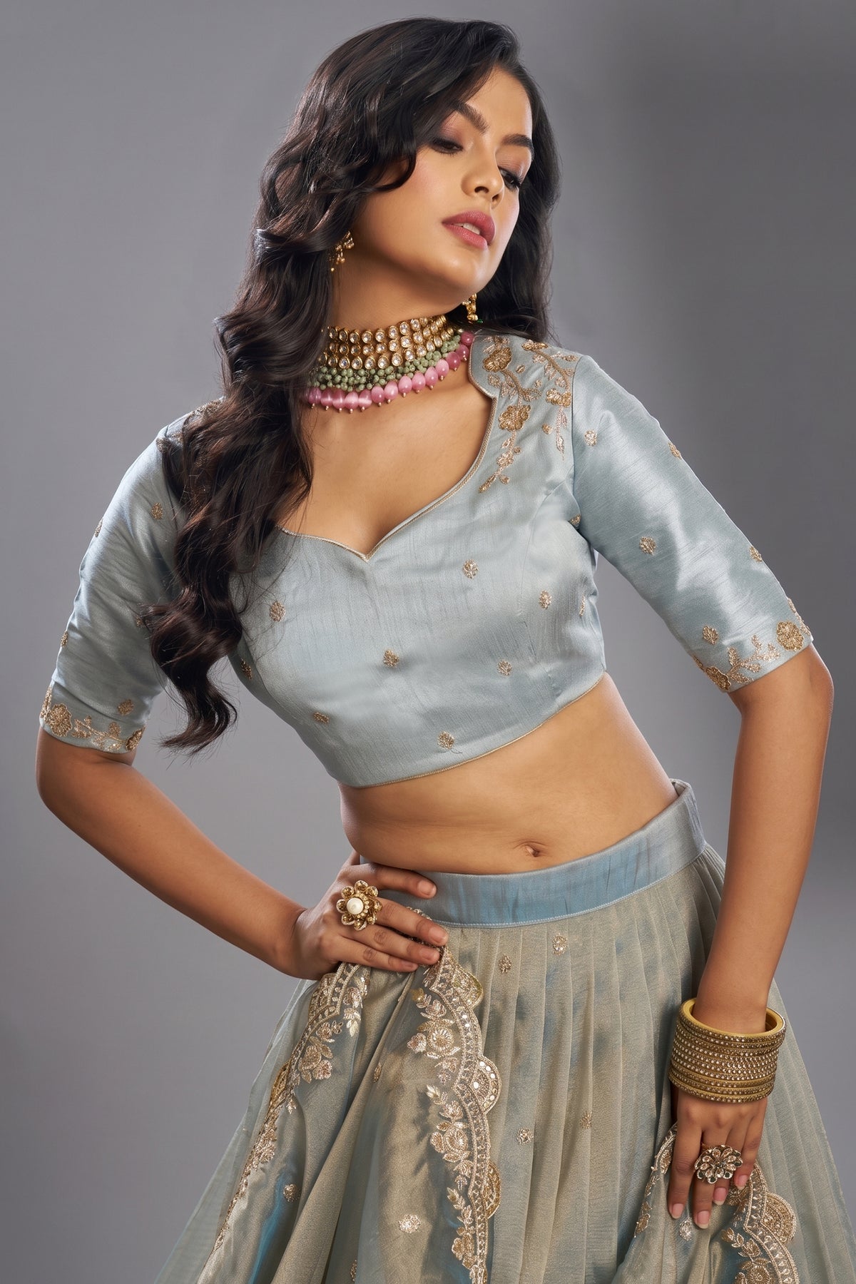 Powder Blue Organza Lehenga with Sequins Border - blue organza saree