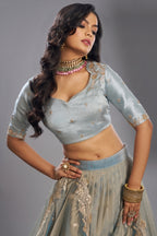 Powder Blue Organza Lehenga with Sequins Border - blue organza saree
