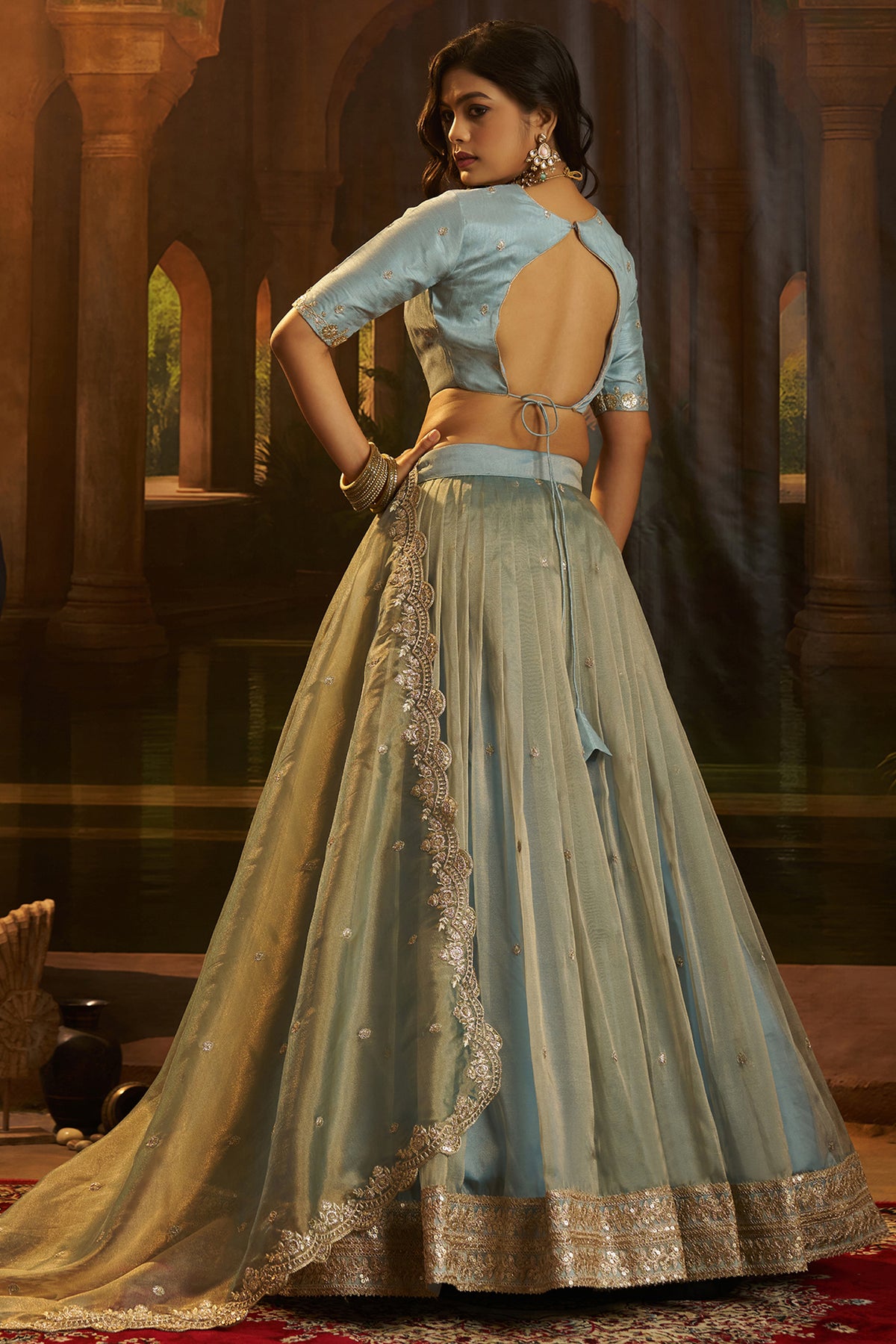 Powder Blue Organza Lehenga with Sequins Border - blue organza saree