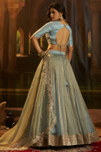 Powder Blue Organza Lehenga with Sequins Border - blue organza saree