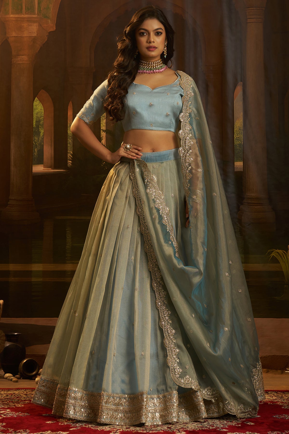 Powder Blue Organza Lehenga with Sequins Border - blue organza saree
