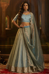 Powder Blue Organza Lehenga with Sequins Border - blue organza saree
