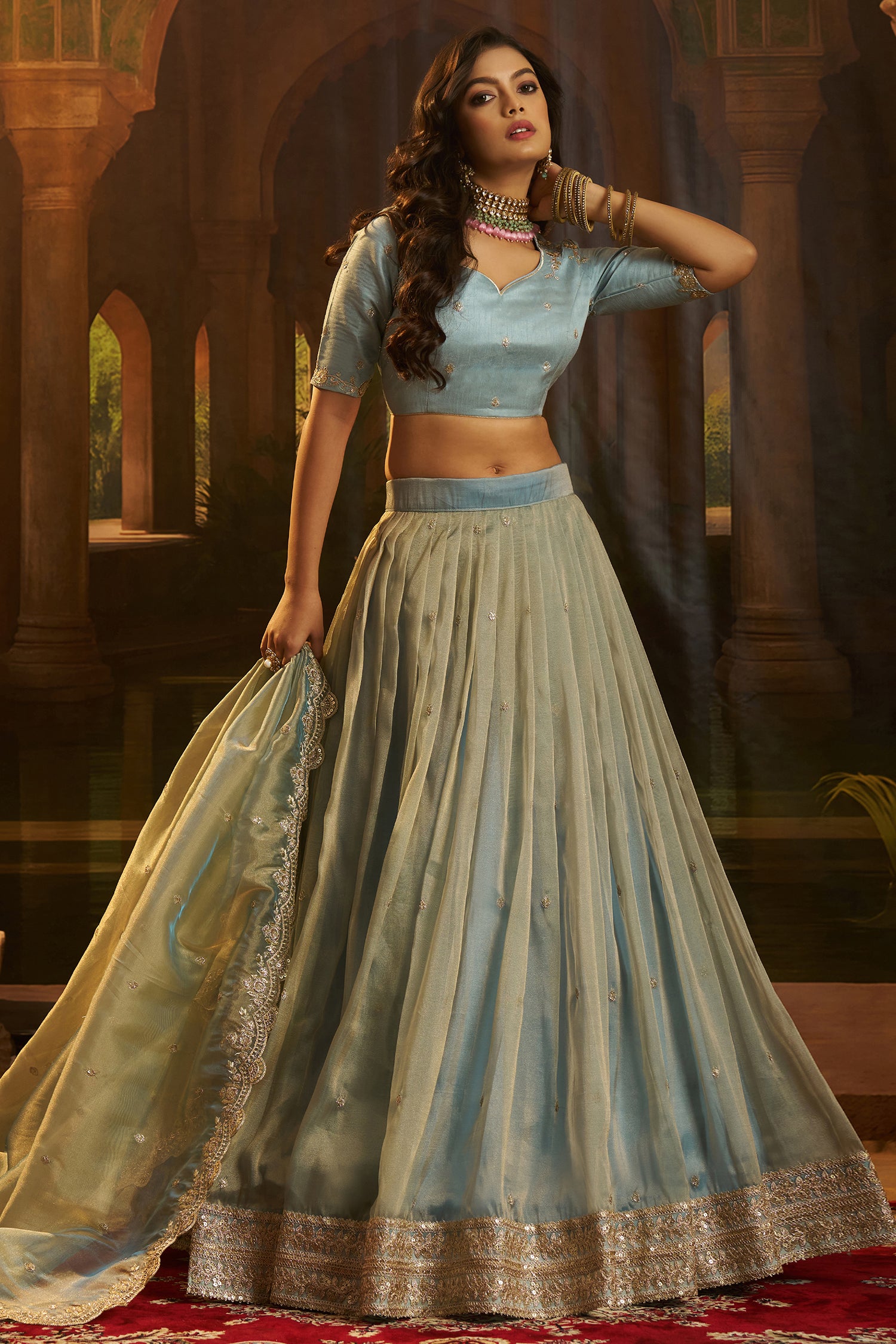 Powder Blue Organza Lehenga with Sequins Border - blue organza saree