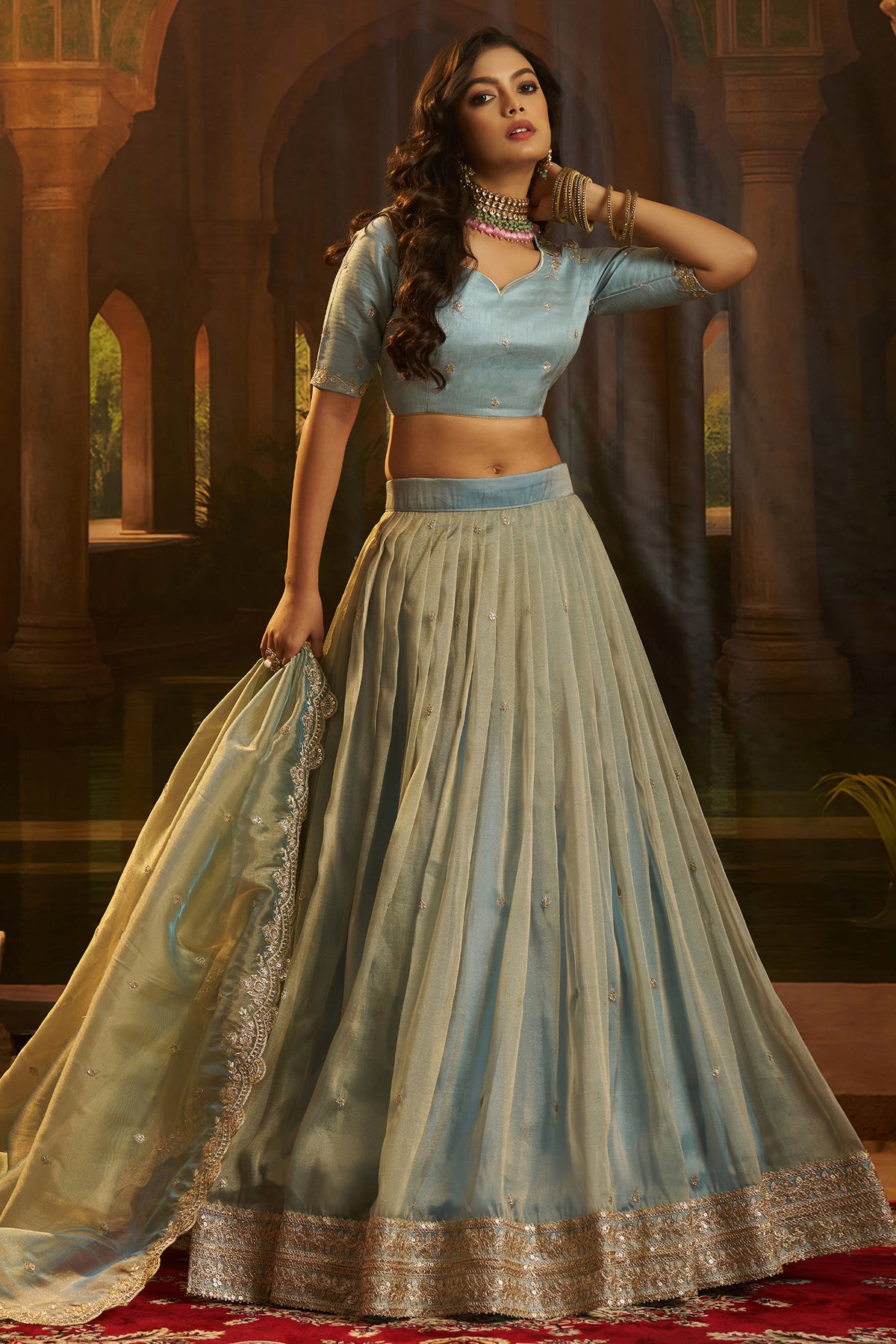 Powder Blue Organza Lehenga with Sequins Border - blue organza saree