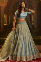 Powder Blue Organza Lehenga with Sequins Border - blue organza saree