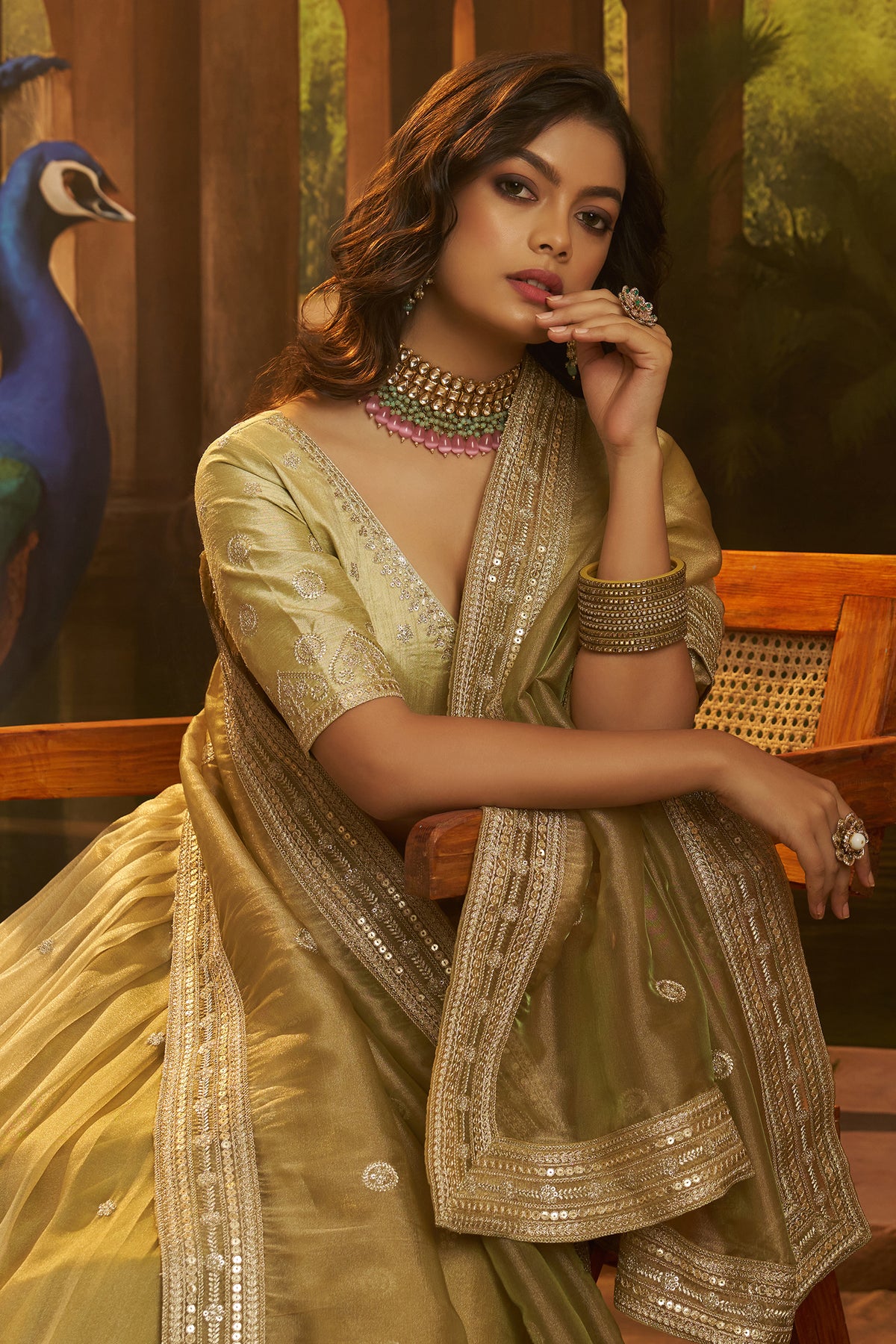 Muted Pistachio Gold Crepe Lehenga with Sequins Border - gold crepe saree