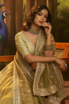 Muted Pistachio Gold Crepe Lehenga with Sequins Border - gold crepe saree