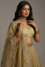 Close-up of high-definition Zari, Dori, and Sequins on the Muted Pistachio Gold Crepe Lehenga with Sequins Border