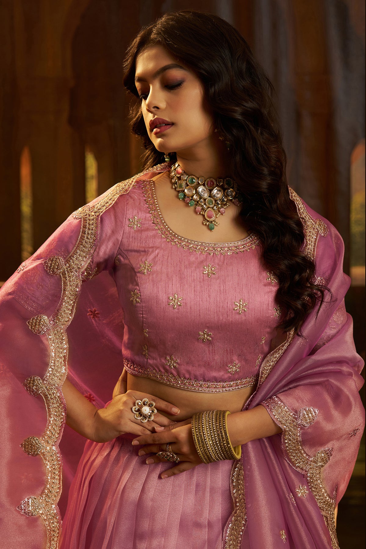 Dusty Rose Pink Organza Lehenga with Sequins Border - pink organza saree