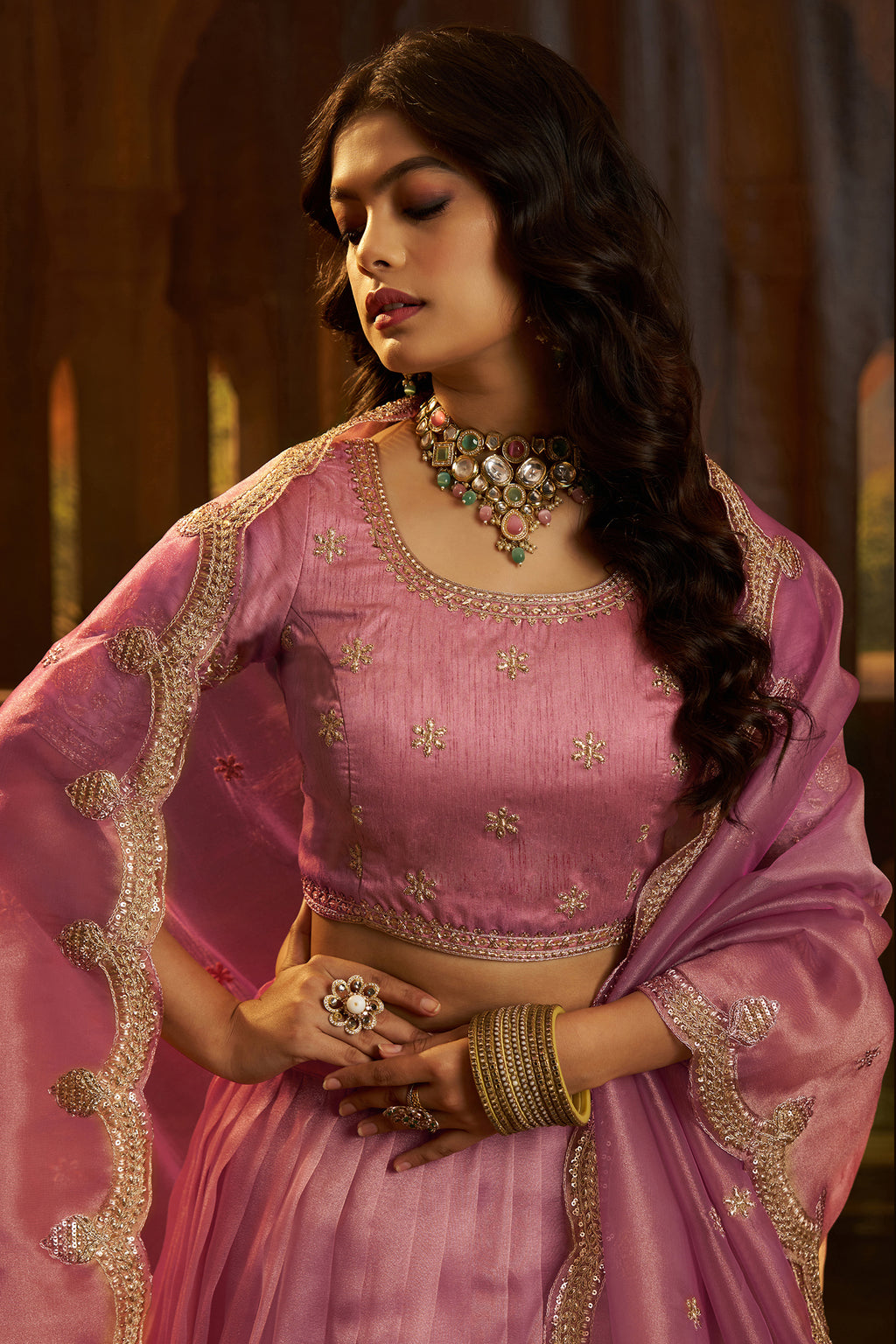 Dusty Rose Pink Organza Lehenga with Sequins Border - pink organza saree