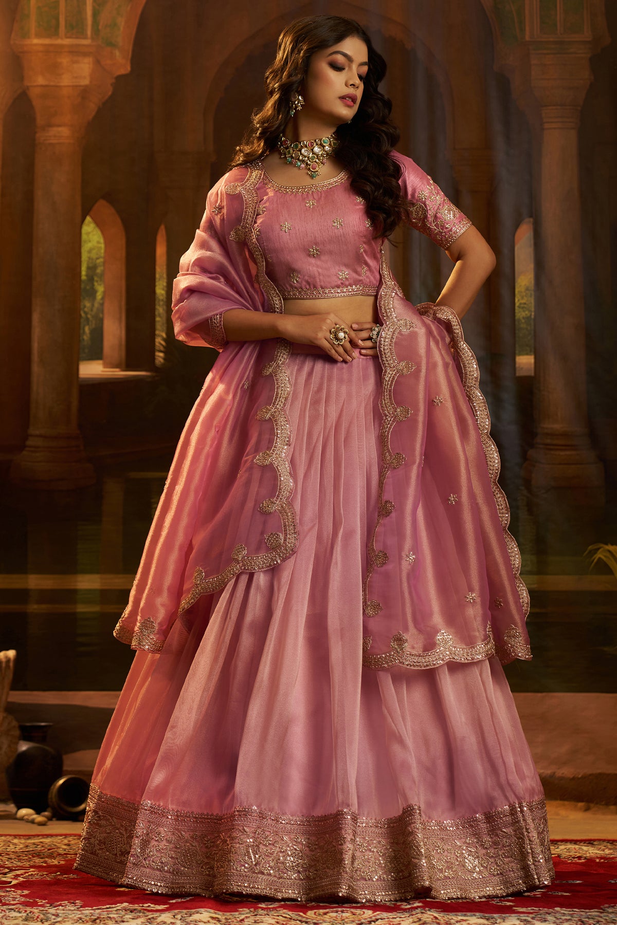 Designer Dusty Rose Pink Organza Lehenga for grand celebratory events