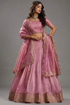 Dusty Rose Pink Organza Lehenga - Front View