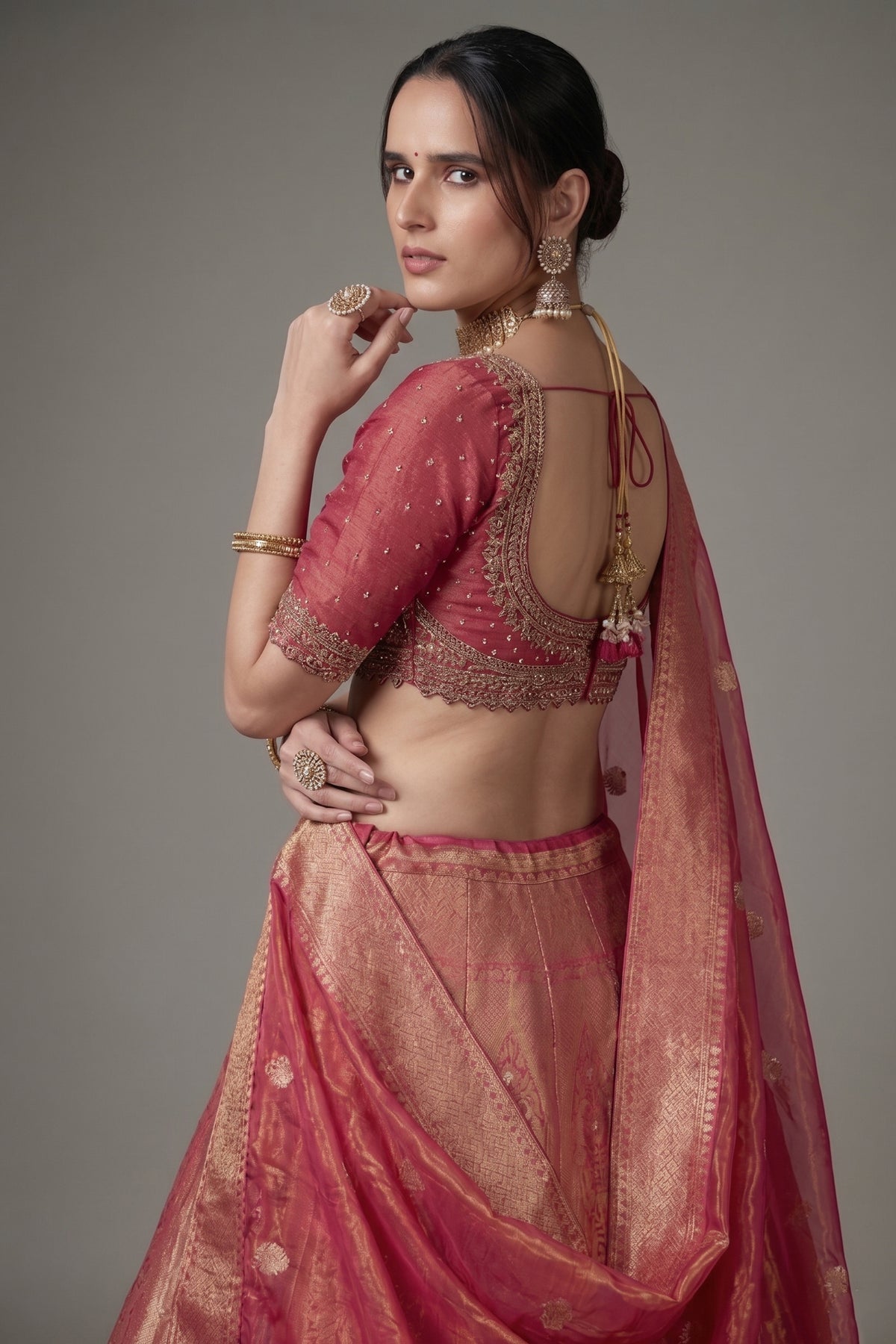 Crimson Pink Banarasi Tissue Silk All Over Woven Lehenga - crimson silk saree