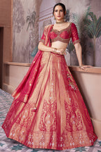 Crimson Pink Banarasi Tissue Silk All Over Woven Lehenga - crimson silk saree